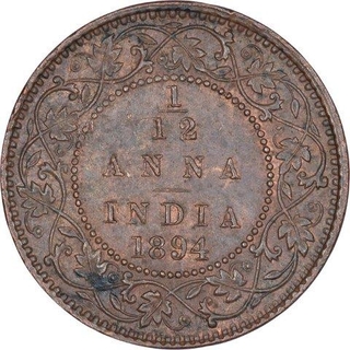 Copper One Twelfth Anna Coin of Victoria Empress of Calcutta Mint of 1894.