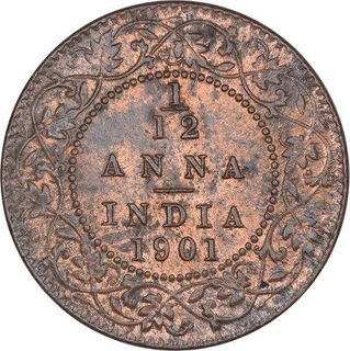 Copper One Twelfth anna Coin of Victoria Empress of Calcutta Mint of 1901.