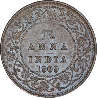 Bronze One Twelfth Anna Coin of King Edward VII of Calcutta Mint of 1909.