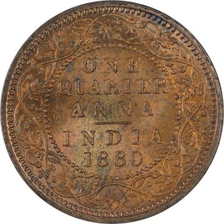 Copper One Quarter Anna Coin of Victoria Empress of Calcutta Mint of 1880.