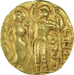 Very Rare Gold Dinar Coin of Samudragupta of Gupta Dynasty of King, Queen and Lion to Left Type.