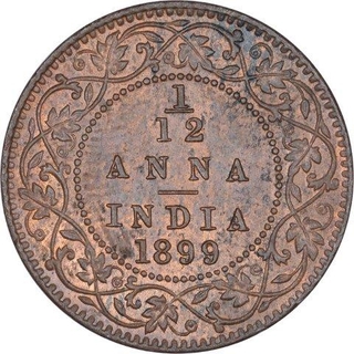 Copper One Twelfth Anna Coin of Victoria Empress of Calcutta Mint of 1899.