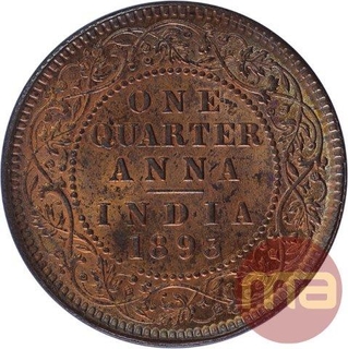 Copper One Quarter Anna Coin of Victoria Empress of Calcutta Mint of 1893