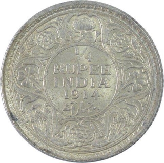 Silver Quarter Rupee Coin of King George V of Bombay Mint of 1914.