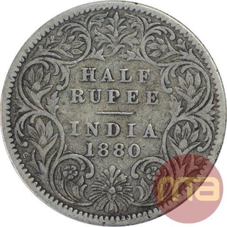 Silver Half Rupee Coin of Victoria Empress of 1880.