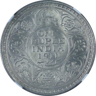 Silver One Rupee Coin of King George V of Calcutta Mint of 1911.