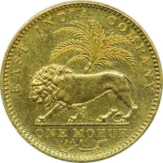 Gold One Mohur Coin of Victoria Queen of Calcutta Mint of 1841.