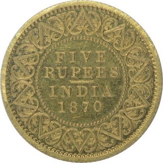 Gold Five Rupees Coin of Victoria Queen of 1870.