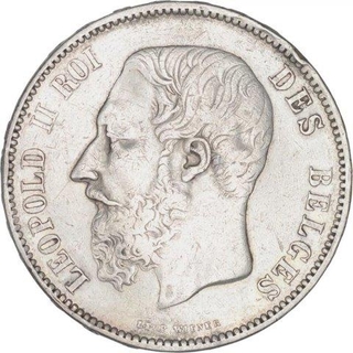 Silver Five Francs Coin of Leopold II of Belgium.