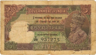 British India Five Rupees Note of British India Signed by J W Kelly.