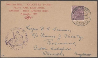 First airmail cover from Calcutta to Pairs with Pilot and Engineer, rare