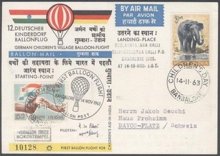 INDIA 1963 Balloon mail, Landed in Bangalore at THIPPAGONDANA on 14th November, 1963 at 14:15 pm