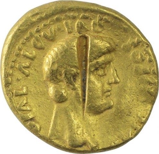 Gold Aureus coin of Ancient Roman of Tiberius.