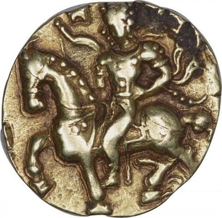 Very Rare Gold Dinar Coin of Kumaragupta I of Gupta Dynasty of Horseman type.