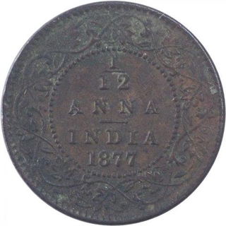 Copper One Twelfth Anna Coin of Victoria Empress of Calcutta Mint of 1877.