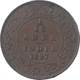 Copper One Twelfth Anna Coin of Victoria Empress of Calcutta Mint of 1897.