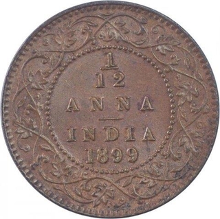 Copper One Twelfth Anna Coin of Victoria Empress of Calcutta Mint of 1899.