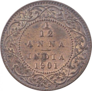 Copper One Twelfth Anna Coin of Victoria Empress of Calcutta Mint of 1901.