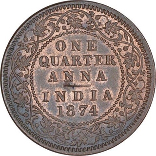 Copper One Quarter Anna Coin of Victoria Queen of Calcutta Mint of 1874.