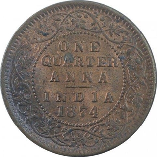 Copper Quarter Anna Coin of Victoria Empress of Calcutta Mint of 1874.