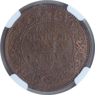 Copper One Quarter Anna Coin of Victoria Empress of Calcutta Mint of 1877.