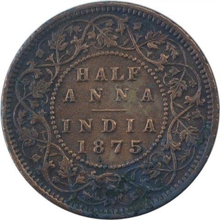 Copper Half Anna Coin of Victoria Queen of 1875.