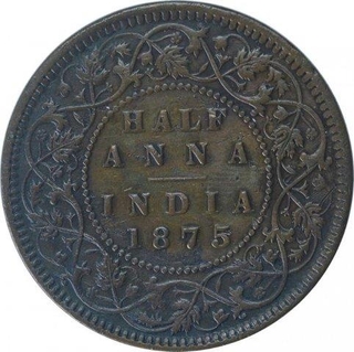 Copper Half Anna Coin of Victoria Queen of 1875.