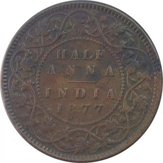 Copper Half Anna Coin of Victoria Empress of Calcutta Mint of  1877.