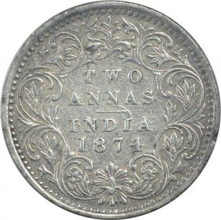 Silver Two Annas Coin of Victoria Queen of Bombay Mint of 1874. 