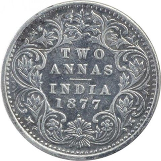 Silver Two Annas Coin of Victoria Empress of Bombay Mint of 1877.