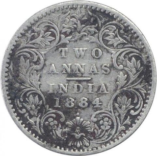 Silver Two Annas Coin of Victoria Empress of Bombay Mint of 1884.