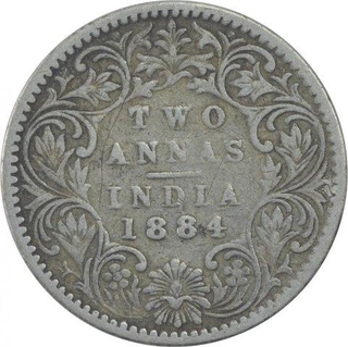 Silver Two Annas Coin of Victoria Empress of Bombay Mint of 1884.