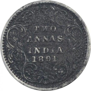 Silver Two Annas Coin of Victoria Empress of Bombay Mint of 1891.