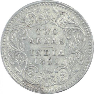 Silver Two Anna Coin of Victoria Empress of Calcutta Mint of 1891.