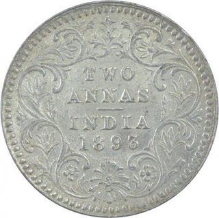 Silver Two Annas Coin of Victoria Empress of Calcutta Mint of 1893.