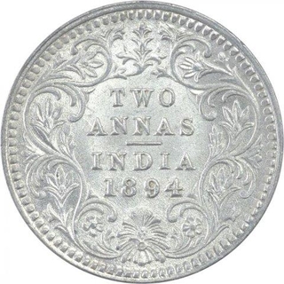 Silver Two Annas Coin of Victoria Empress of Calcutta Mint of 1894.