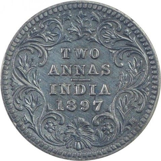 Silver Two Annas Coin of Victoria Empress of Calcutta Mint of 1897.