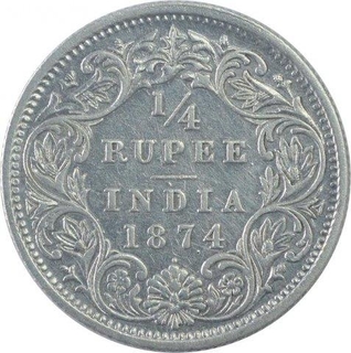 Silver One Quarter Rupee Coin of Victoria Queen of Bombay Mint of  1874. 