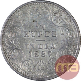 Silver Quarter Rupee Coin of Victoria Empress of Calcutta Mint of 1887.