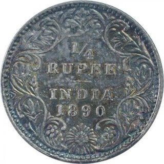 Silver One Quarter Rupee coin of Victoria Empress of Bombay Mint of 1890.