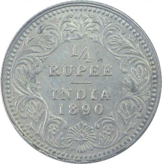 Silver Quarter Rupee Coin of Victoria Empress of Calcutta Mint of 1890.