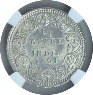 Silver Quarter Rupee Coin of Victoria Empress of Calcutta Mint of 1891.