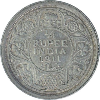 Silver Quarter Rupee Coin of King George V of Calcutta Mint of 1911.