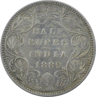 Silver Half Rupee Coin of Victoria Empress of Bombay Mint of 1889.