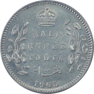 Silver Half Rupee Coin of King Edward VII of Calcutta Mint of 1905. 