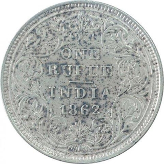 Rare Silver One Rupee Coin of Victoria Queen of L C Wyon Design of 1862.