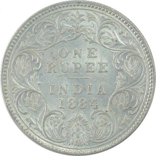 Silver One Rupee Coin of Victoria Empress of Bombay Mint of 1884.