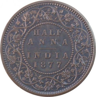 Copper Half Anna Proof Coin of Victoria Empress of Bombay Mint of 1877.