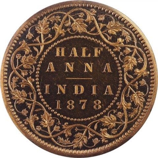 Copper Half Anna Proof Coin of Victoria Empress of 1878.