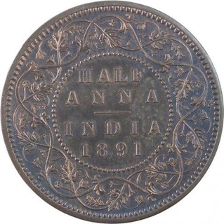 Copper Half Anna Coin of Victoria Empress of 1891.